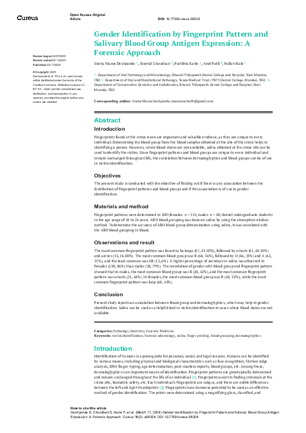 (PDF) Gender Identification by Fingerprint Pattern and Salivary Blood ...