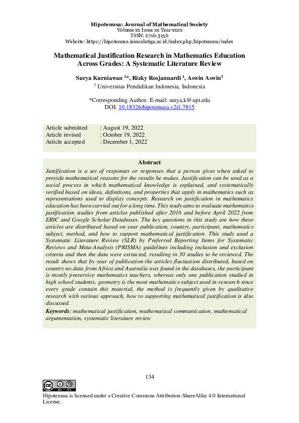 (PDF) Mathematical Justification Research in Mathematics Education ...