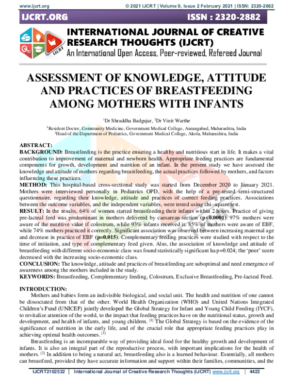 (PDF) ASSESSMENT OF KNOWLEDGE, ATTITUDE AND PRACTICES OF BREASTFEEDING ...