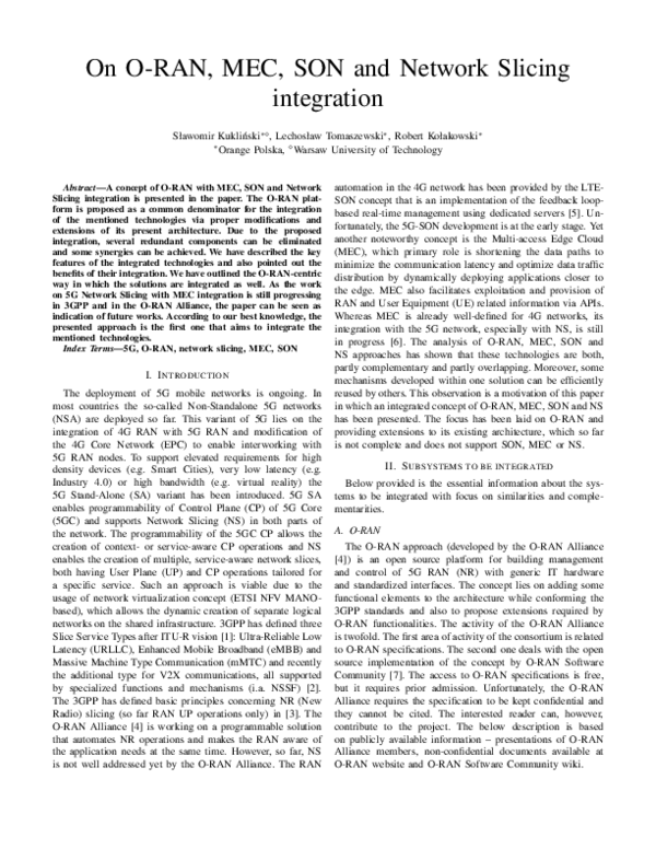 (PDF) On O-RAN, MEC, SON and Network Slicing integration