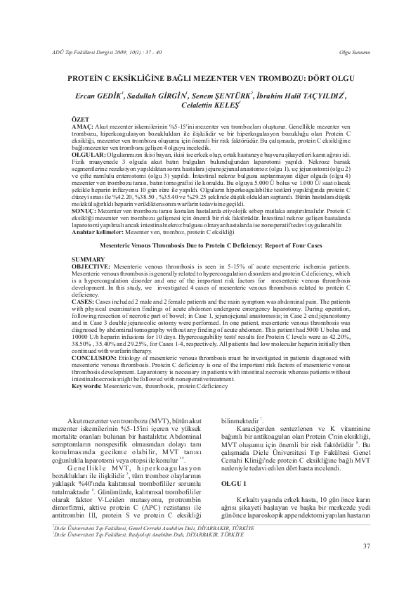 (PDF) Mesenteric Venous Thrombosis Due to Protein C Deficiency: Report ...