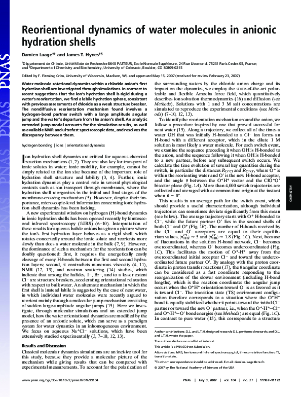 (PDF) Reorientional dynamics of water molecules in anionic hydration shells