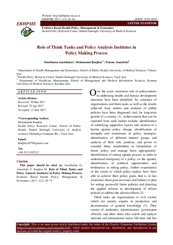 (PDF) EBHPME Role of Think Tanks and Policy Analysis Institutes in ...