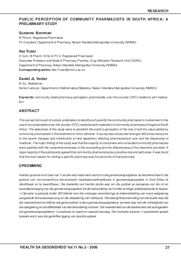 (PDF) Public perception of community pharmacists in South Africa : a ...