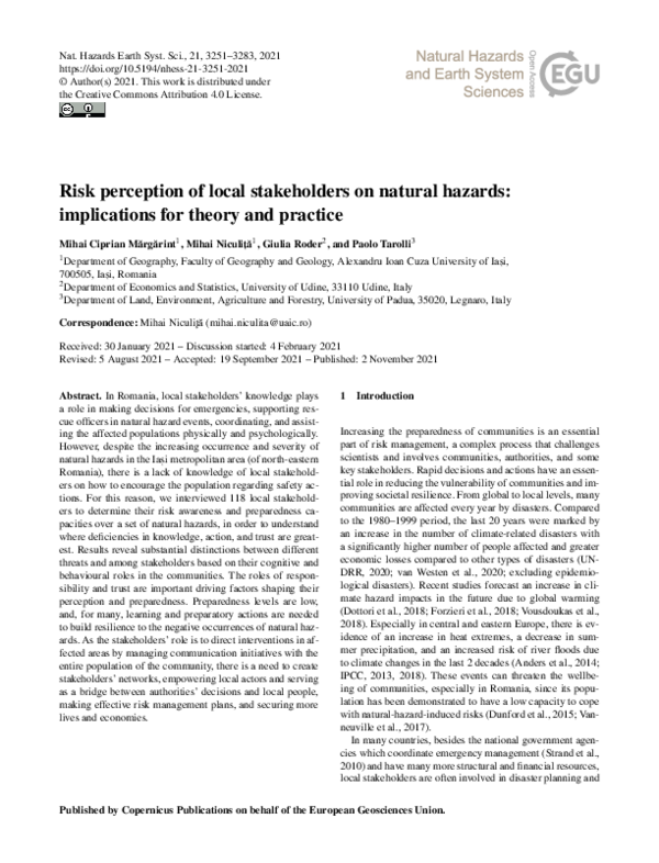 (PDF) Risk perception of local stakeholders on natural hazards ...