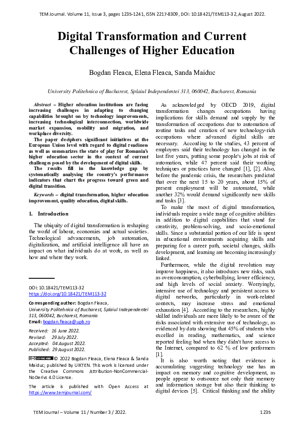 (PDF) Digital Transformation and Current Challenges of Higher Education