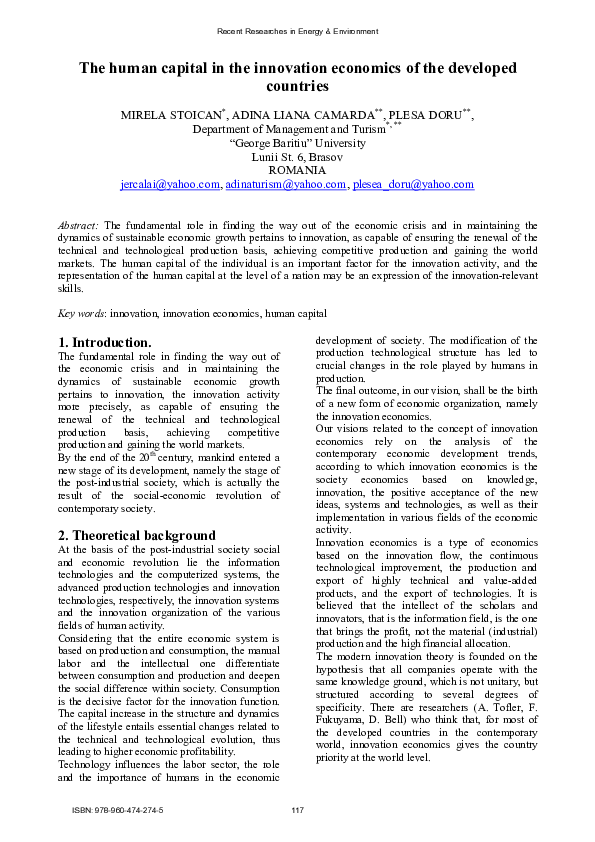 (PDF) The human capital in the innovation economics of the developed ...