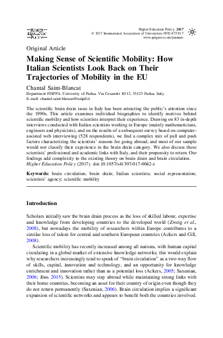 (PDF) Making Sense of Scientific Mobility: How Italian Scientists Look ...