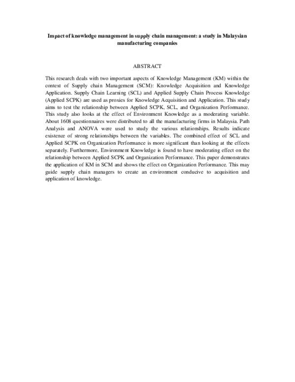 (PDF) Impact of knowledge management in supply chain management: A ...