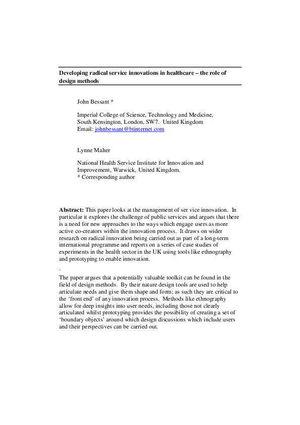 (PDF) Developing Radical Service Innovations in Healthcare — the Role ...