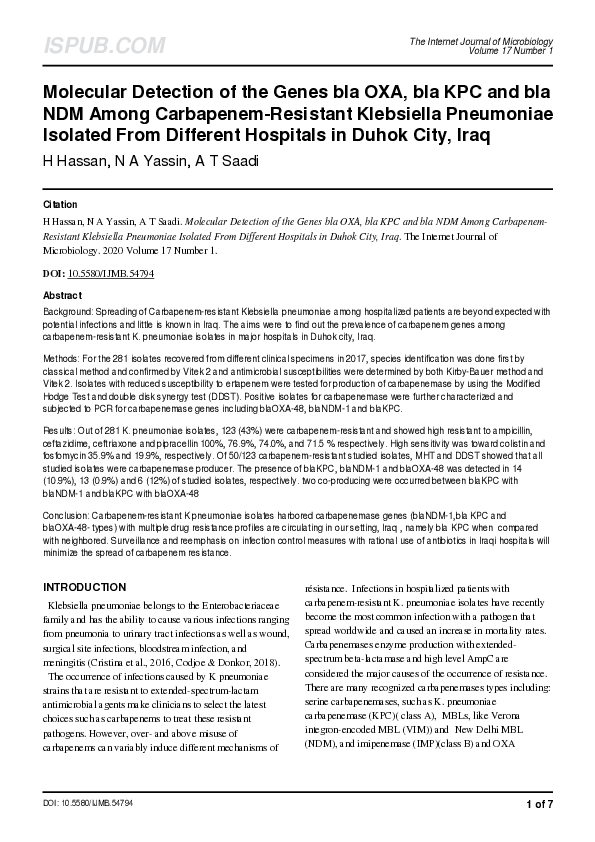(PDF) Molecular Detection of the Genes bla OXA, bla KPC and bla NDM ...
