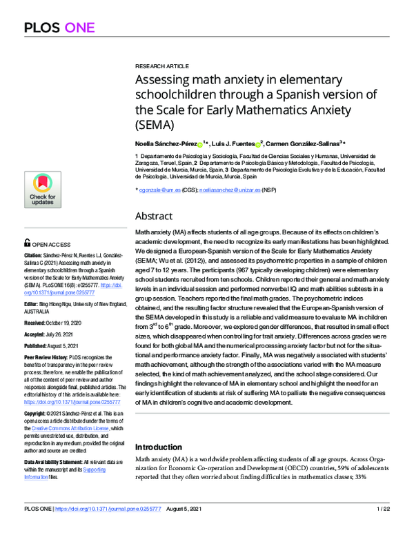 (PDF) Assessing math anxiety in elementary schoolchildren through a ...