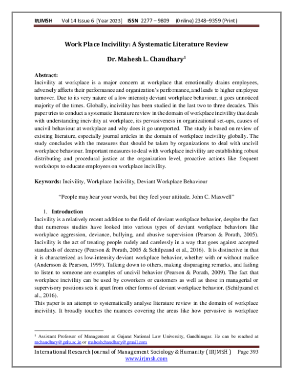 (PDF) Work Place Incivility: A Systematic Literature Review
