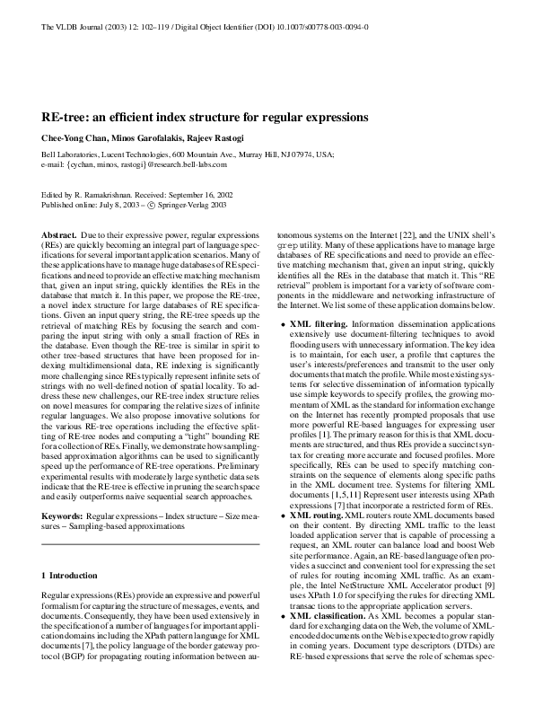 (PDF) RE-tree: an efficient index structure for regular expressions
