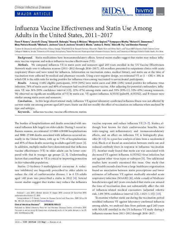 (PDF) Influenza Vaccine Effectiveness and Statin Use Among Adults in ...