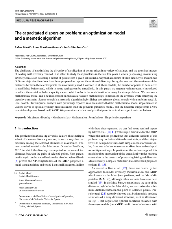 (PDF) The capacitated dispersion problem: an optimization model and a ...
