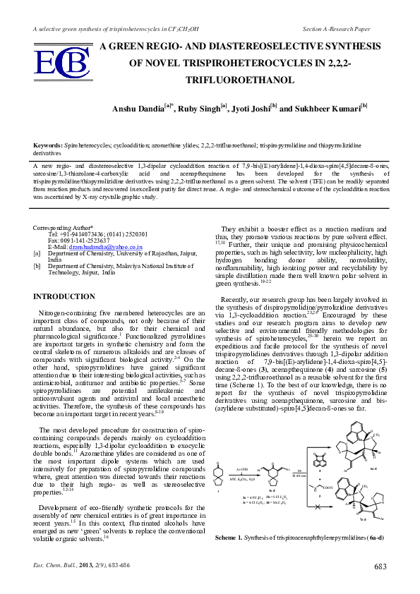 (PDF) A Green Regio- and Diastereoselective Synthesis of Novel ...
