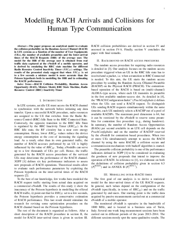 (PDF) Modelling RACH Arrivals and Collisions for Human Type Communication