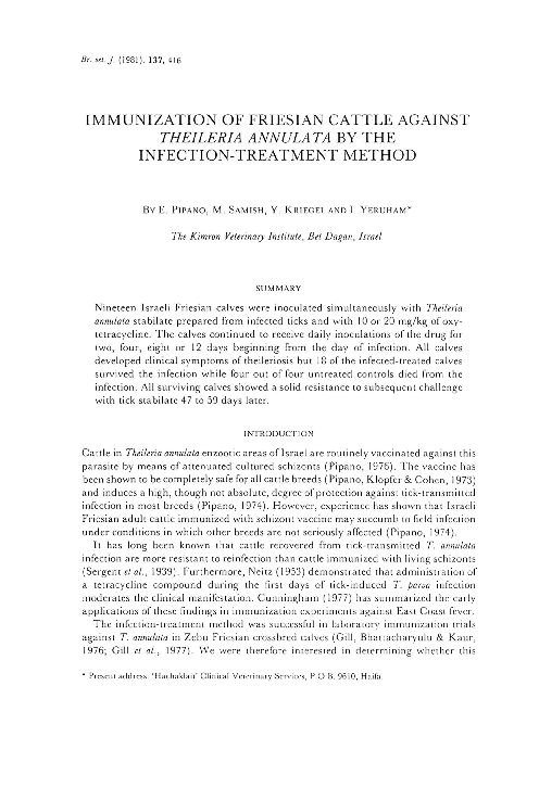 (PDF) Immunization of Friesian Cattle Against Theileria Annulata by the ...