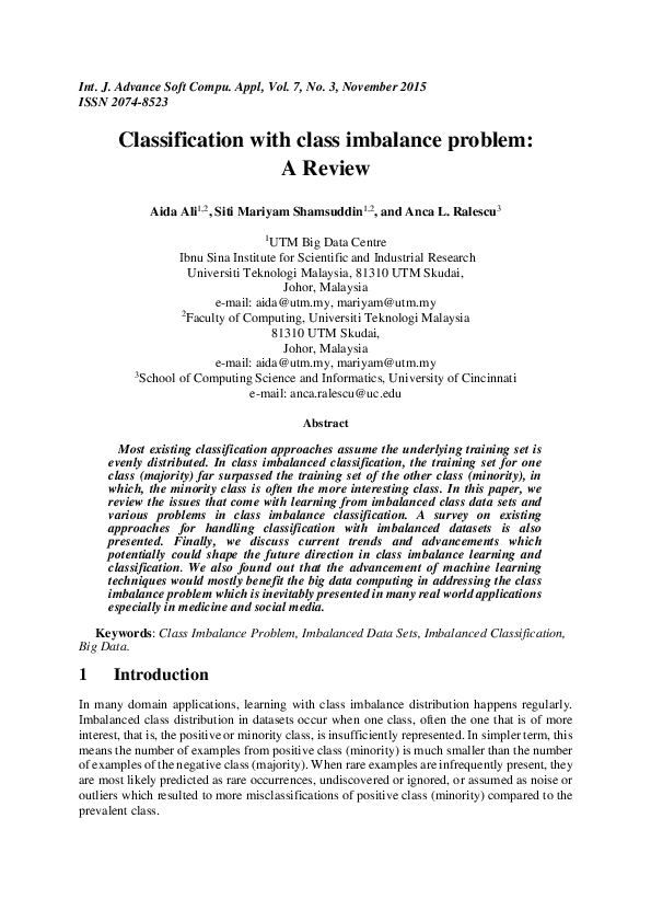 (PDF) Classification with class imbalance problem: A review