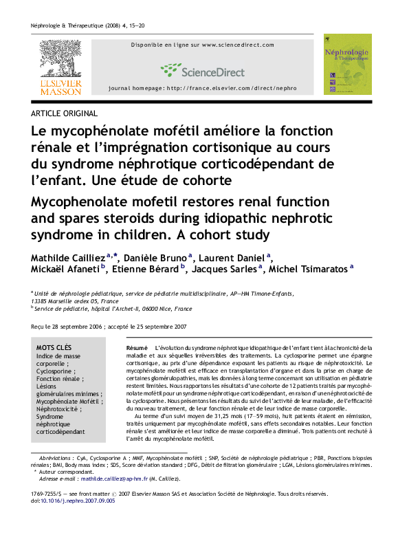 (PDF) Le mycophénolate mofétil améliore la fonction rénale et l ...