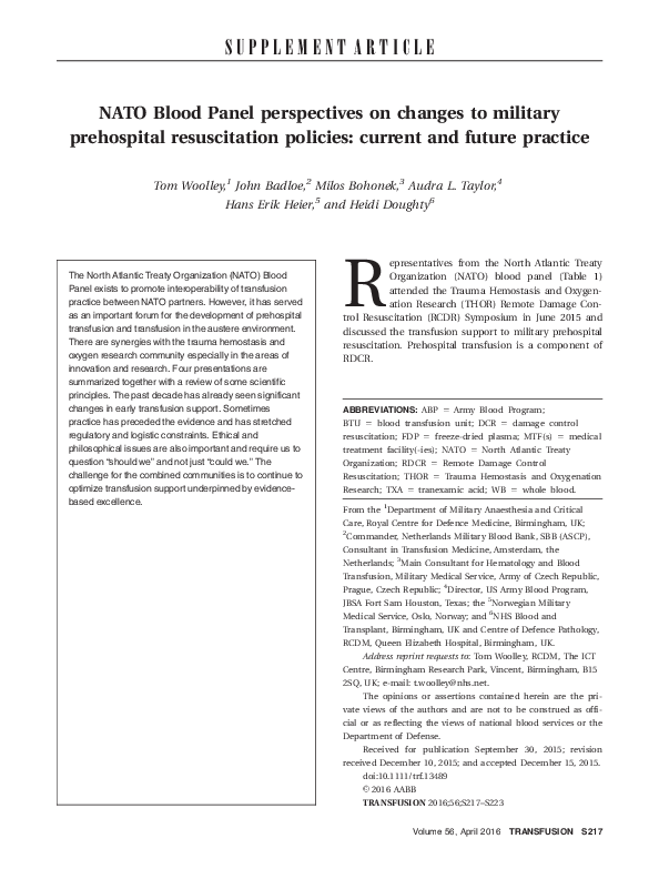 (PDF) NATO Blood Panel perspectives on changes to military prehospital ...