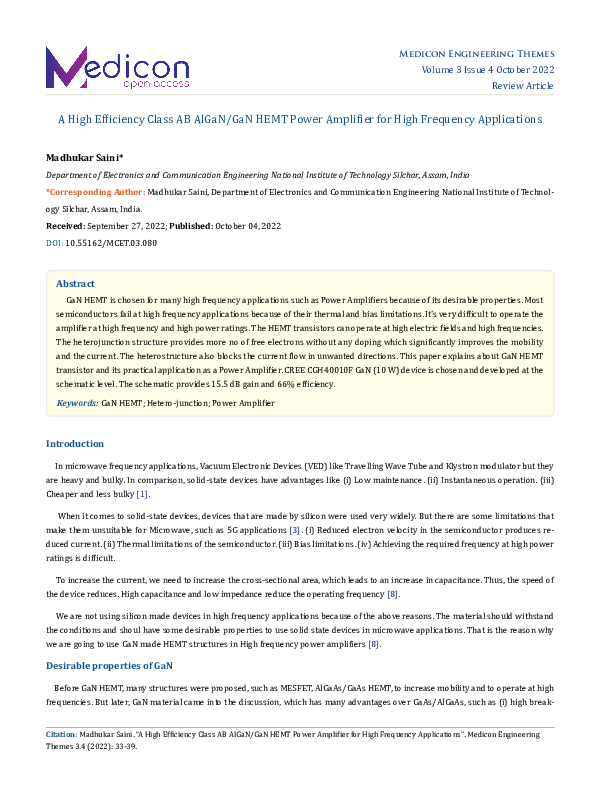 (PDF) A High Efficiency Class AB AlGaN/GaN HEMT Power Amplifier for ...