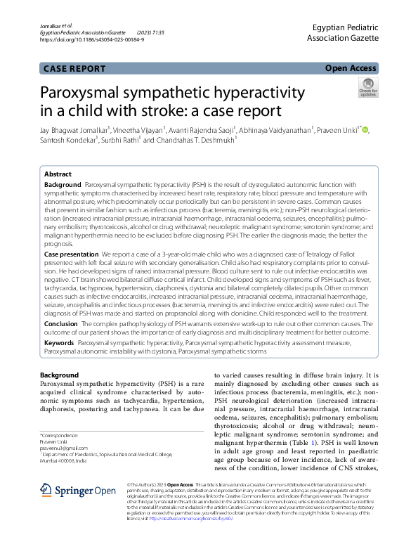 (PDF) Paroxysmal sympathetic hyperactivity in a child with stroke: a ...