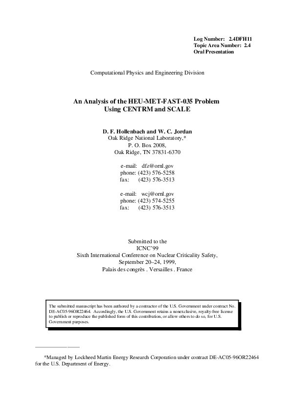(PDF) An Analysis of the HEW-MET-FAST-035 Problem Using CENTRM and SCALE