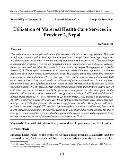 (PDF) Utilization of Maternal Health Care Services in Province 2, Nepal
