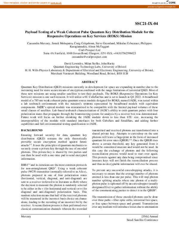(PDF) Payload Testing of a Weak Coherent Pulse Quantum Key Distribution ...