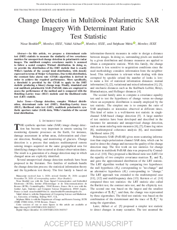 (PDF) Change Detection in Multilook Polarimetric SAR Imagery With ...