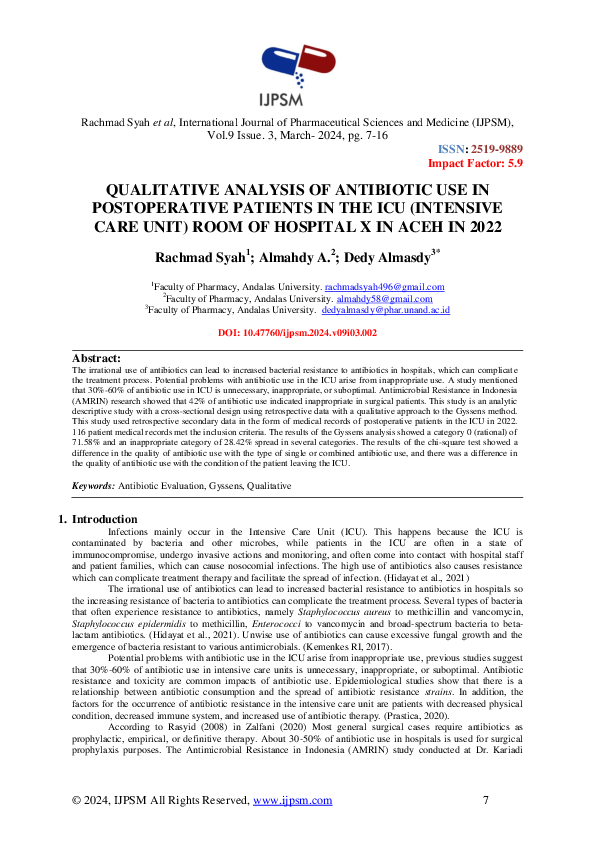 (PDF) QUALITATIVE ANALYSIS OF ANTIBIOTIC USE IN POSTOPERATIVE PATIENTS ...