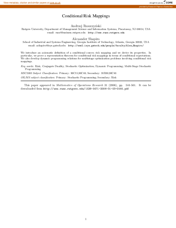 (PDF) Conditional Convex Risk Mappings and Their Properties