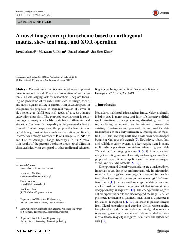 (PDF) A novel image encryption scheme based on orthogonal matrix, skew ...