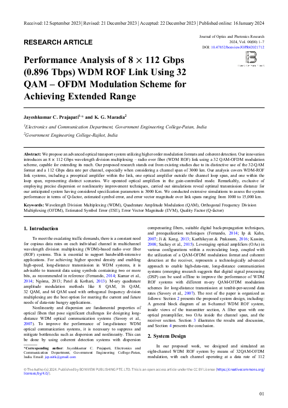 (PDF) Performance Analysis of 8 × 112 Gbps (0.896 Tbps) WDM ROF Link ...