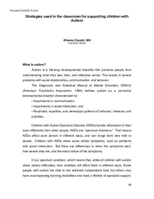 (PDF) Strategies used in the classroom for supporting children with Autism