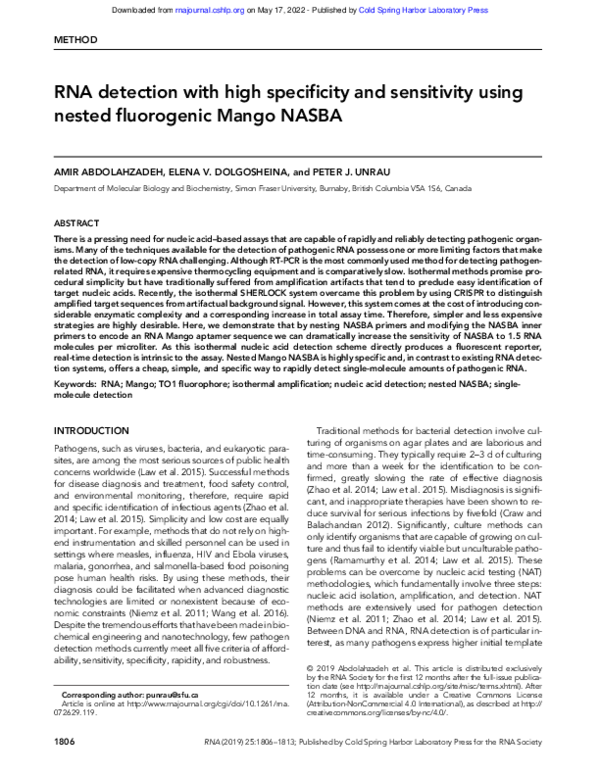 (PDF) RNA detection with high specificity and sensitivity using nested ...