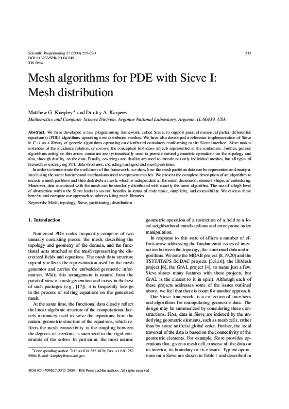 (PDF) Mesh Algorithms for PDE with Sieve I: Mesh Distribution