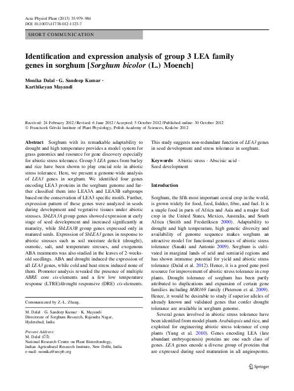(PDF) Identification and expression analysis of group 3 LEA family ...