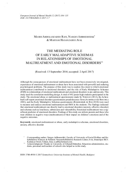 (PDF) The Mediating Role of Early Maladaptive Schemas in the ...