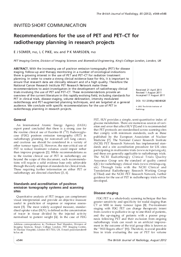 (PDF) Recommendations for the use of PET and PET–CT for radiotherapy ...