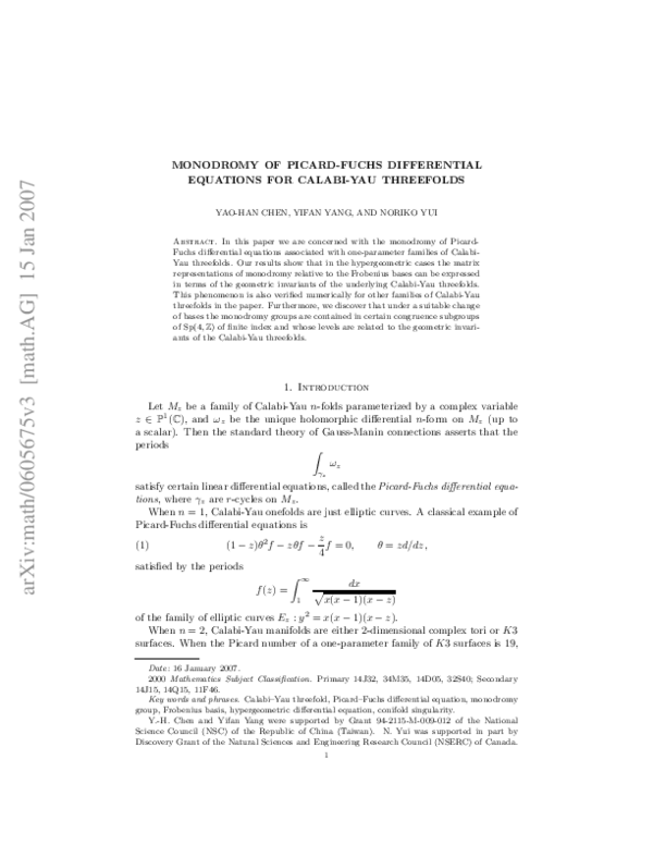 (PDF) Monodromy of Picard-Fuchs differential equations for Calabi-Yau ...