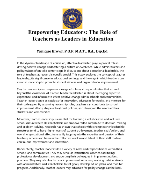(PDF) Empowering Educators: The Role of Teachers as Leaders in Education
