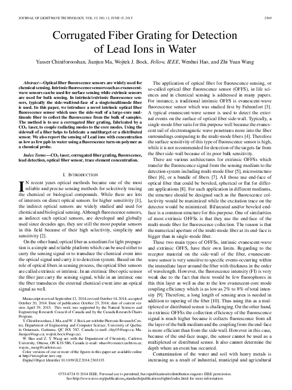 (PDF) Corrugated Fiber Grating for Detection of Lead Ions in Water