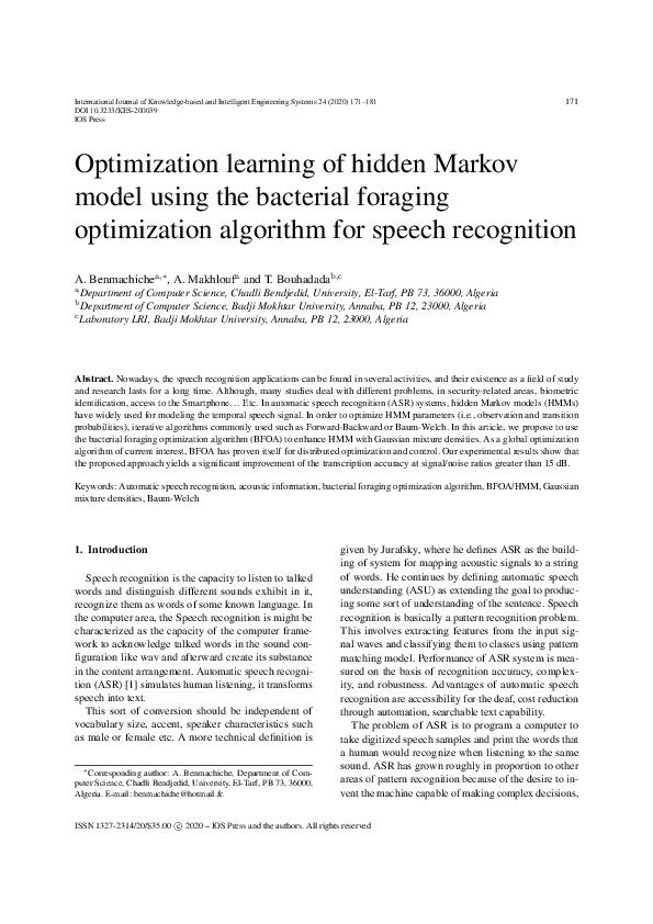 (PDF) Optimization learning of hidden Markov model using the bacterial ...