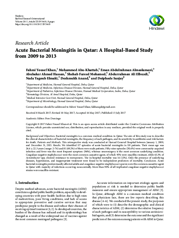 (PDF) Acute Bacterial Meningitis in Qatar: A Hospital-Based Study from ...
