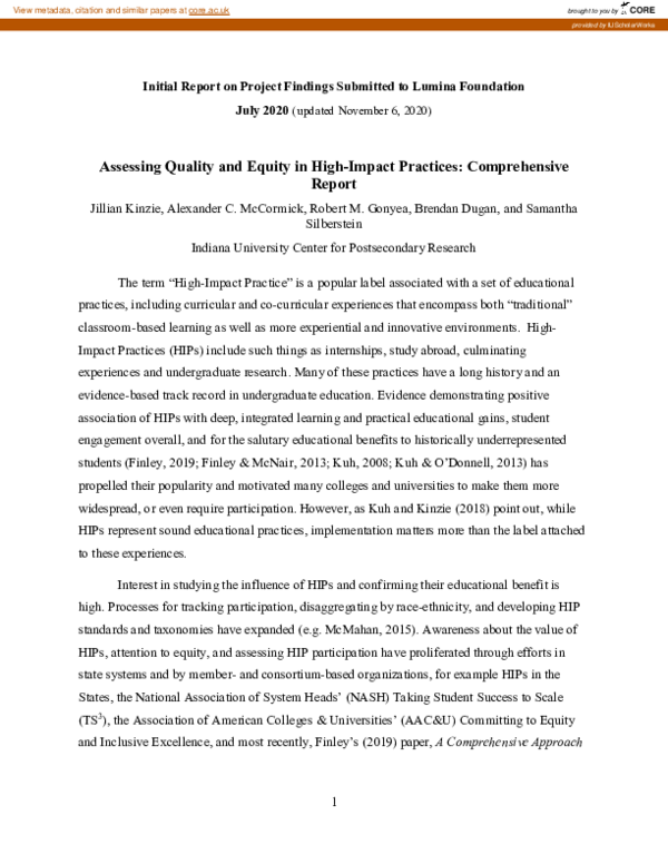 (PDF) Assessing Quality and Equity in High-Impact Practices ...