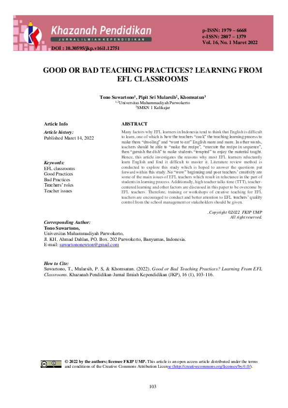 (PDF) Good or Bad Teaching Practices? Learning from Efl Classrooms