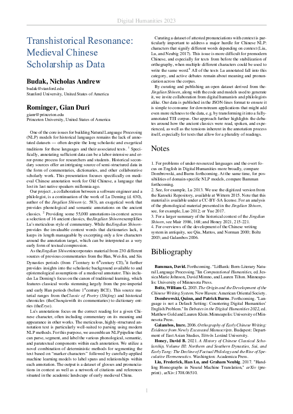 (PDF) Transhistorical Resonance: Medieval Chinese Scholarship as Data